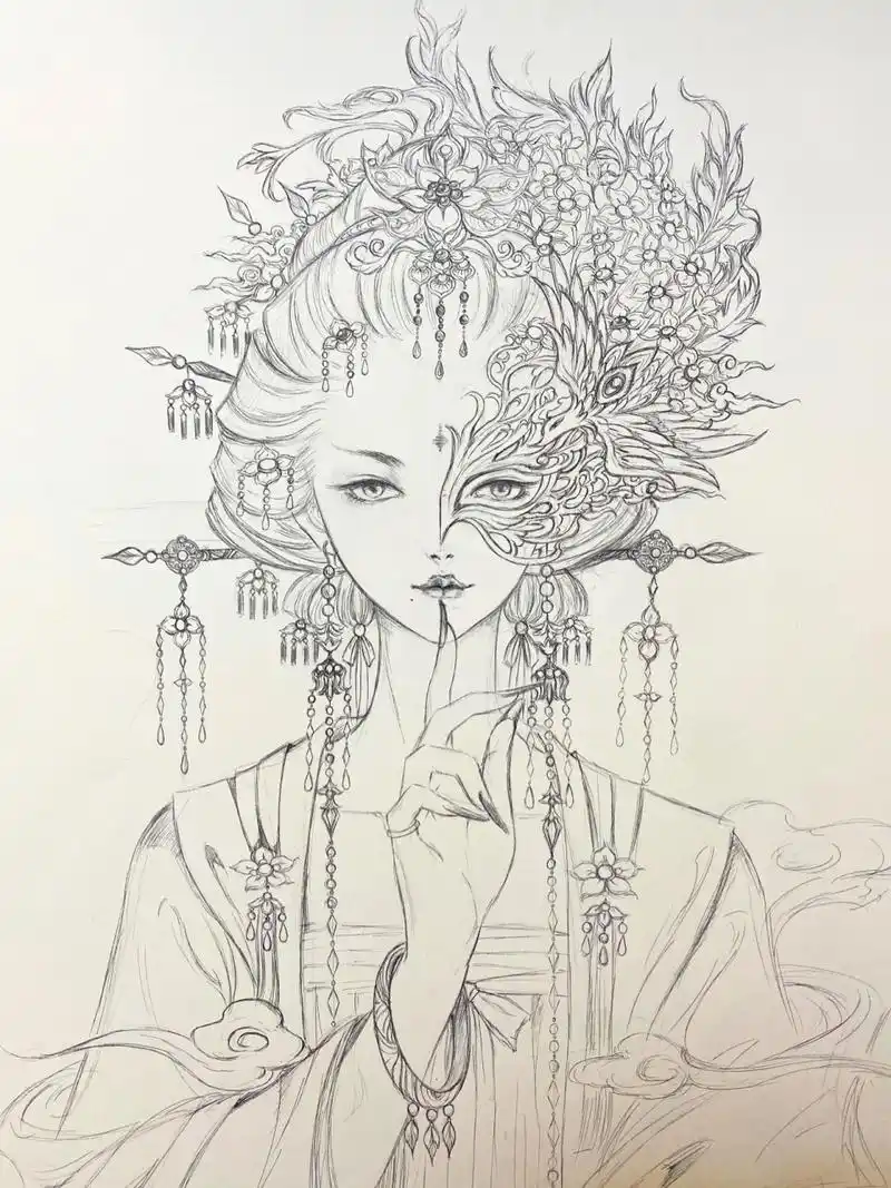 手绘古风华美少女,宅家画画打卡 奋战2天画的线稿,就算很久不画,手感