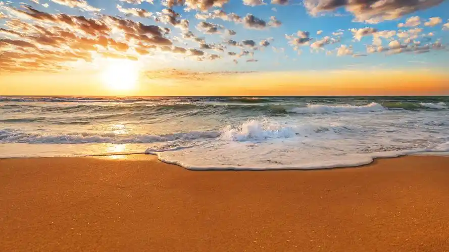 壁纸 美丽的夕阳海滩,海岸,海,海浪,沙滩,阳光