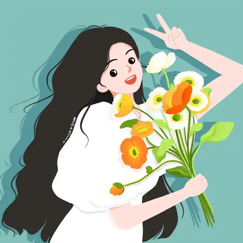 插画头像 | 捧花比耶的可爱女生 花花系列 1~ 背景多种配色供大家选择