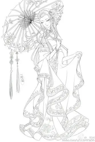 女子裙装正面全身像 古风 奇迹暖暖 手绘线稿 漫画绘画素材——by