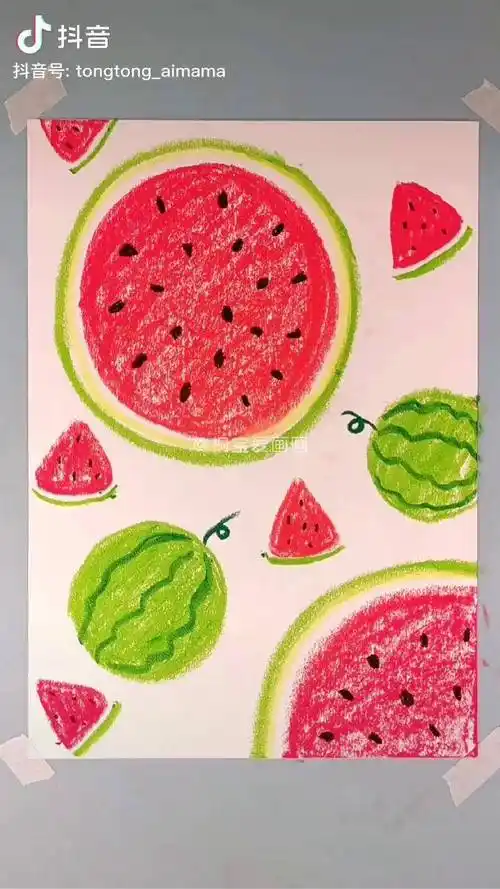 幼儿园油画棒创意儿童画夏天的大西瓜创意儿童画儿童蜡笔油画棒教程