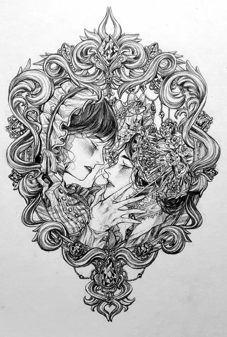 铅笔手绘,欧式复古风的卡通人物线稿,画风华丽
