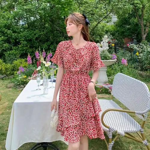 雪纺裙子中长款韩版蛋糕裙收腰显瘦喇叭袖实拍9567碎花连衣裙夏装