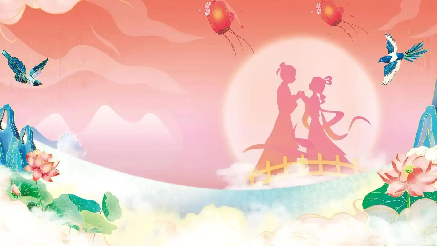 七夕情人节中国风国潮手绘插画横屏展板