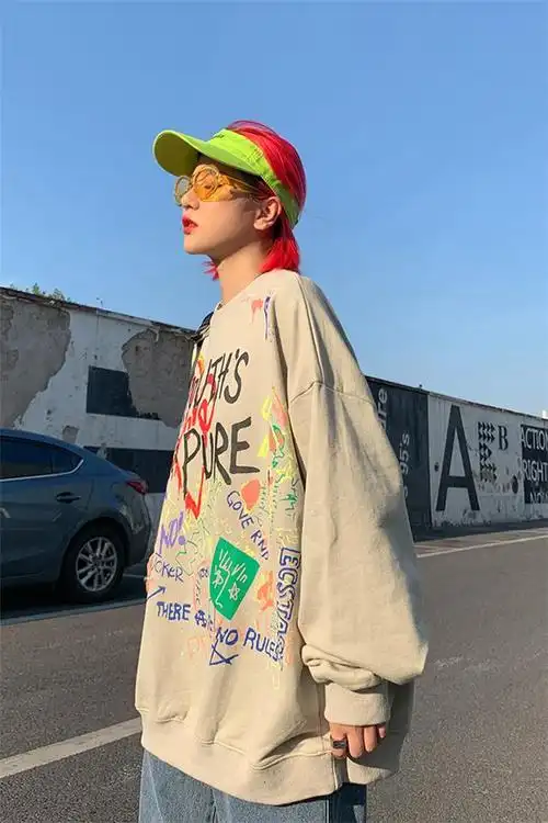 涂鸦圆领卫衣男潮牌ins嘻哈bf风街头情侣衣服冬秋季加绒