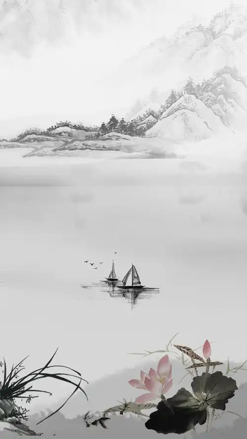 中国风山水情水墨书画荷花h5背景素材