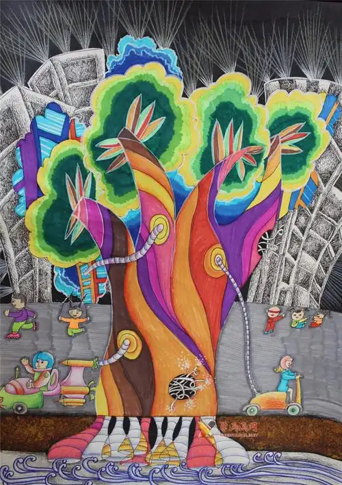 小学生六年级环保获奖科幻画《人造树》赏析