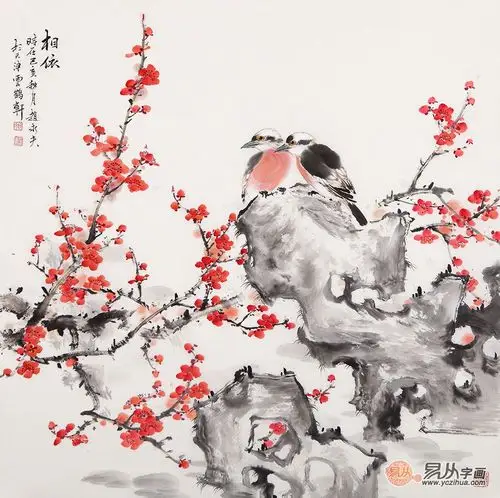 著名画家赵永夫写意花鸟画作品《相依》