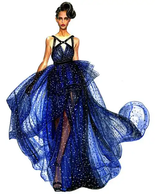 蓝色长裙礼服设计图