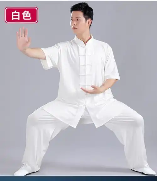 丝太极服男太极拳练功服男装2022新款夏季套装服装春秋浅蓝色短袖l