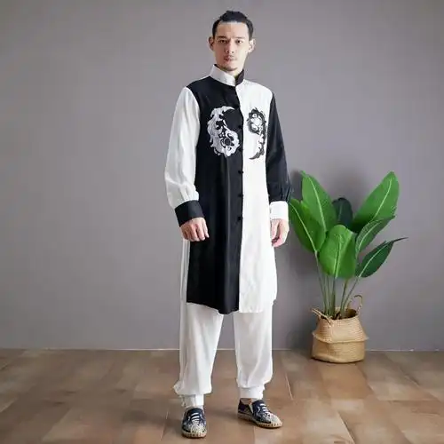 允鹿秋季新练功服中国风太极服刺绣盘扣唐装男士休闲套装 白黑 m