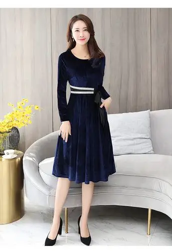 2018秋装新款打底心机裙子设计感系带收腰修身显瘦金丝绒连衣裙女