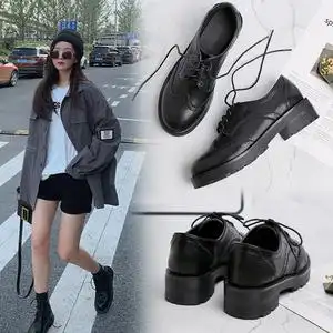 搭配西装的鞋子女秋冬季职业学生百搭黑色韩版小黑皮鞋上班软皮潮