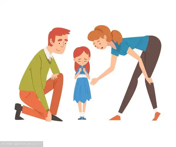 父母安抚女儿,母亲和父亲照顾孩子,幸福的家庭关系矢量插图