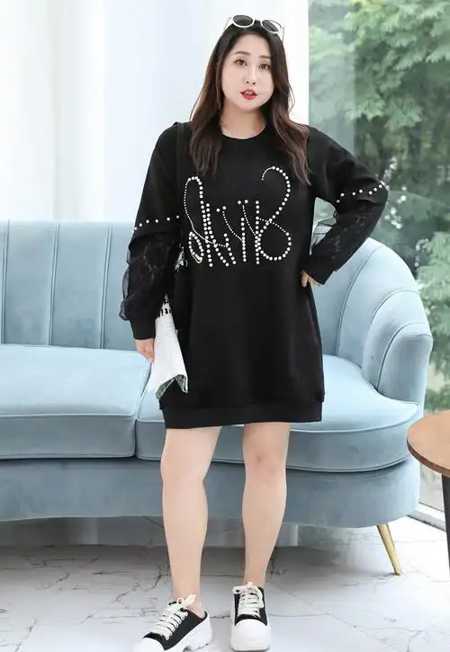 肥胖女人穿的胖妹妹260斤时尚钉珠卫衣裙240超大码女装300洋气显瘦