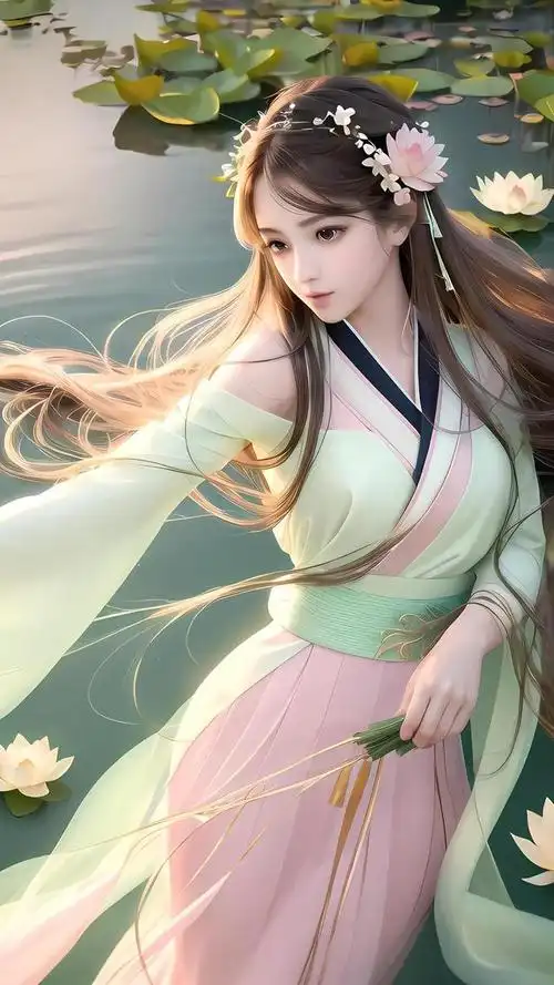 国风动漫穿着汉服的荷花女孩