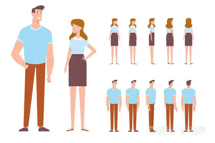 前面, 侧面, 背面, 3/4 视图字符.卡通风格, 平面矢量插图