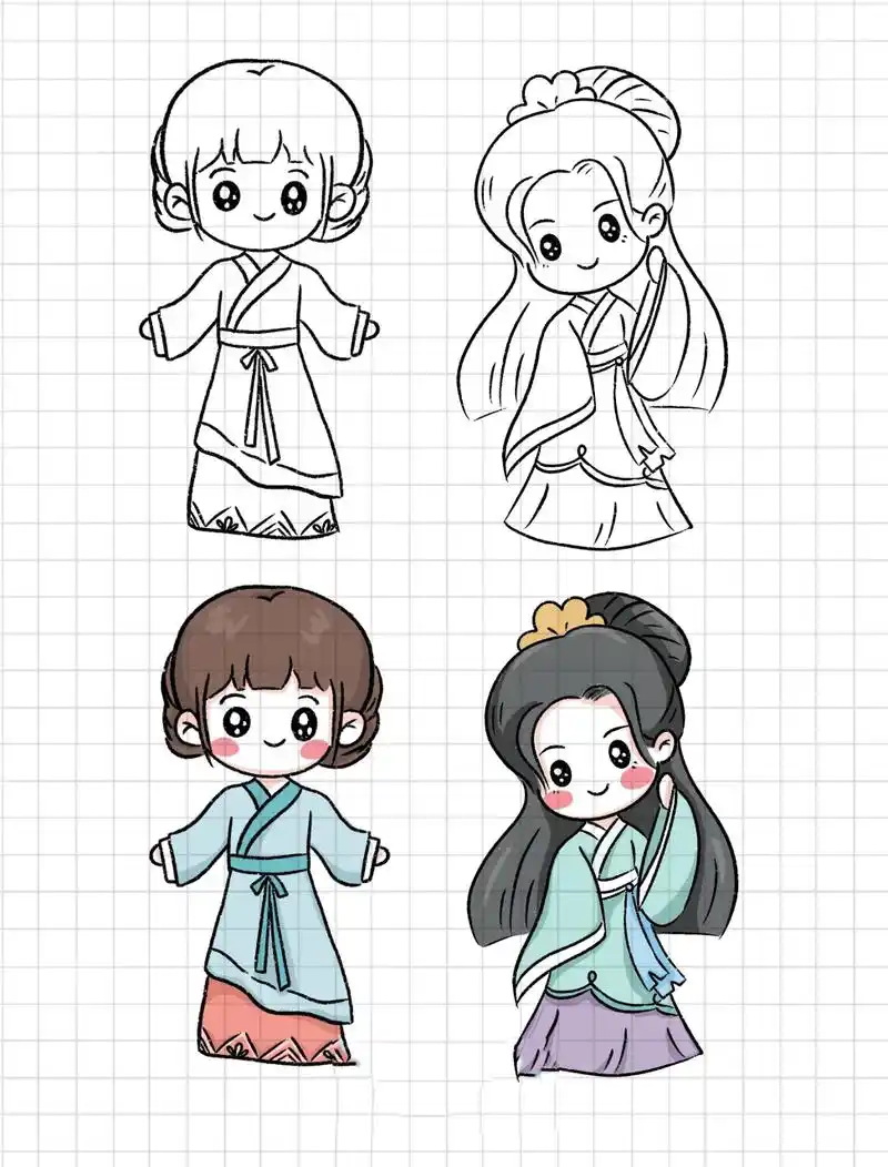 简笔画|简单可爱古风人物女孩小姐姐线稿 临网络 人生就像储蓄罐 你投