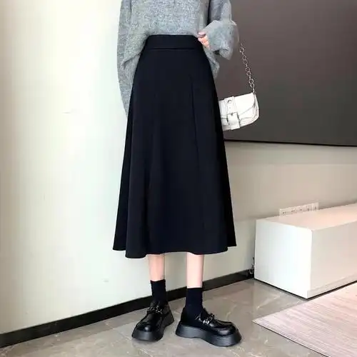 韩版秋冬高腰显瘦毛呢a字半身裙松紧腰宽松百搭遮腿中长款伞裙女