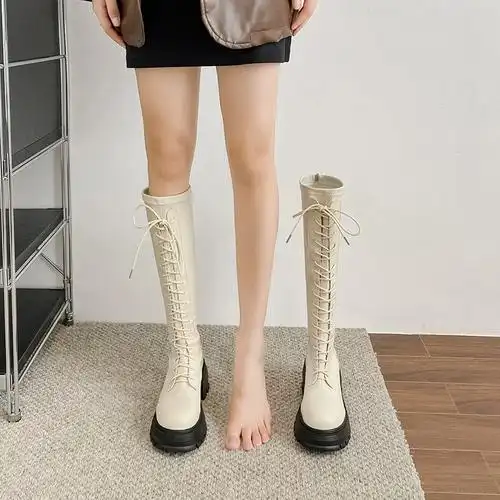 坊秋季言与颜鞋2023年新款白色长筒靴女高筒小个子粗跟骑士靴