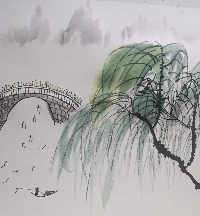 国画江南小桥流水人家 #国画山水  - 抖音