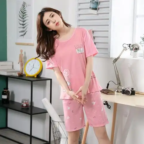 睡衣女夏季短袖短裤薄款可爱学生宽松两件套装女士加大加肥家居服粉色