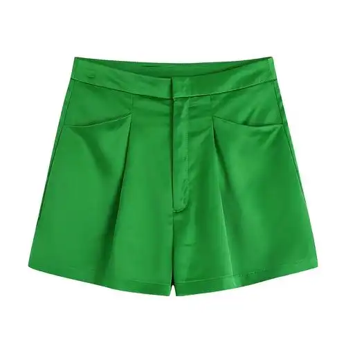 批发跨境2022欧美风春女装新款绿色缎面短裤a8es3960