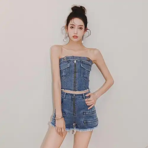 设计师品牌masionwester张碧晨徐璐同款拉链牛仔抹胸短裤套装