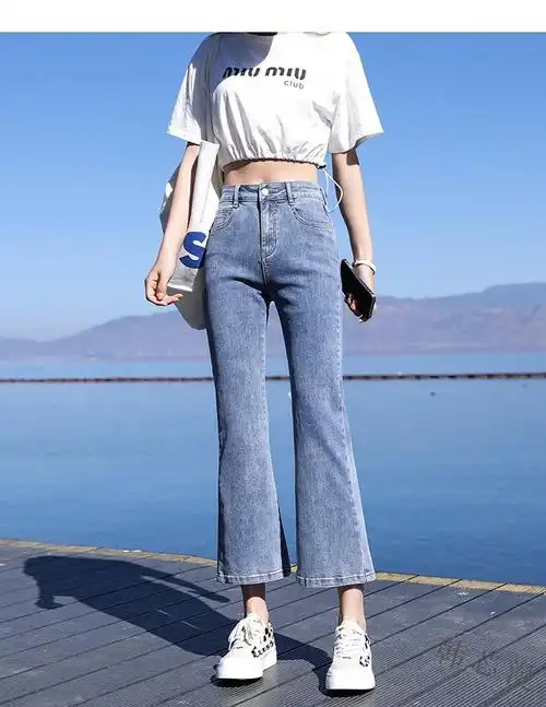 裤九分裤女学生休闲韩版宽松喇叭裤百搭显瘦夏天女生裤子蓝色九分s