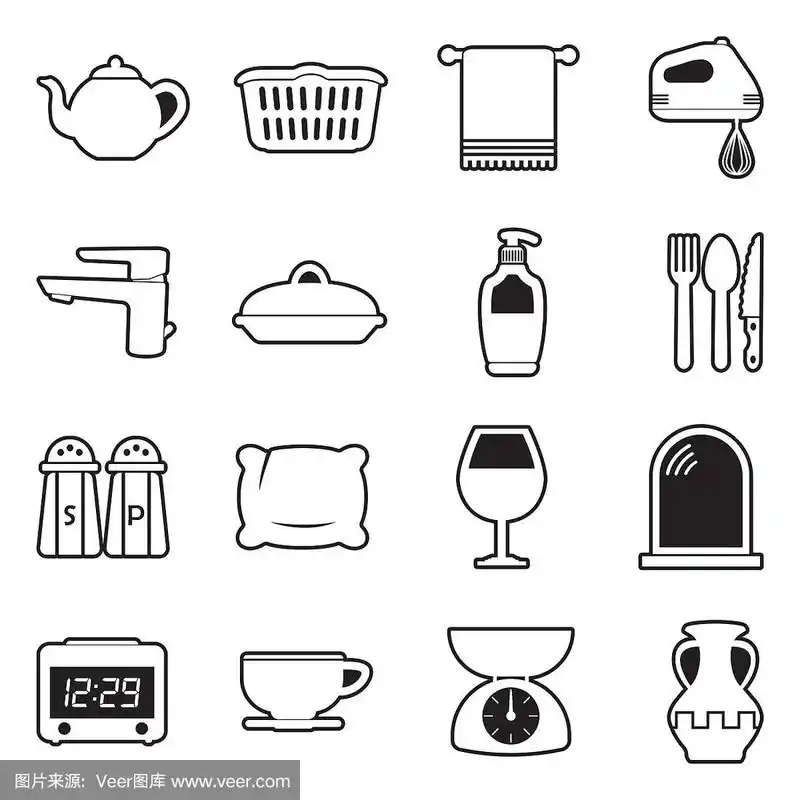 家居用品图标.线条与填充设计.矢量插图.