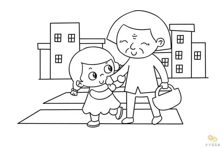 老人女孩过马路简笔画