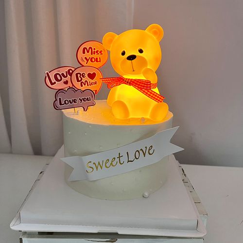 七夕情人节蛋糕装饰 歪头发光丝带小熊摆件情侣表白蛋糕插牌插件