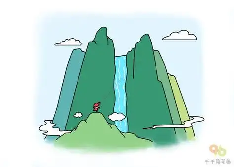 望庐山瀑布古诗配图简笔画装饰图案手绘山水画瀑布雕刻图案红动网国画