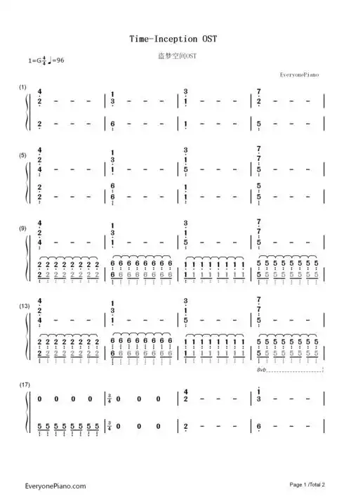 time盗梦空间ost双手简谱预览1