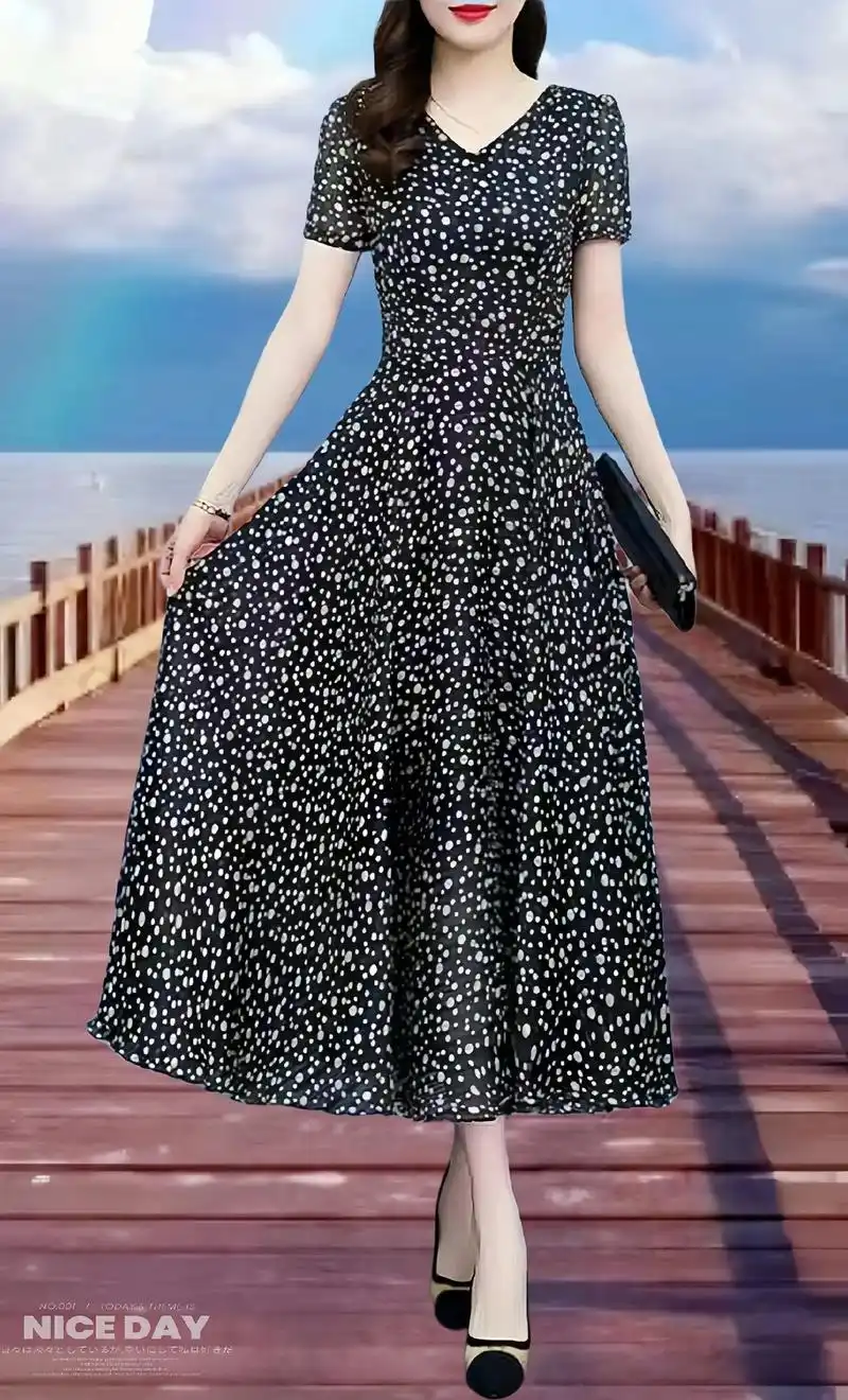 波点雪纺连衣裙