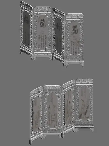 张精美别致的古代屏风3d高模模型,美观的梅兰竹菊四扇迎客的香木屏障
