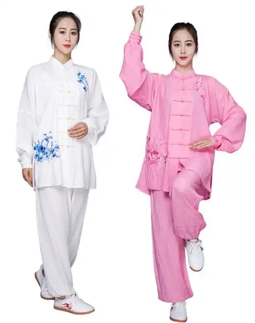 太极服长袖女亚麻棉春秋新款刺绣练功服中老年武术比赛表演服