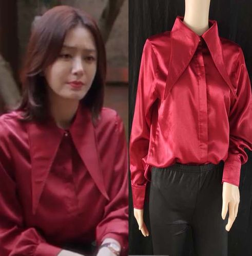 怪你过分美丽秦岚莫向晚同款衬衫女酒红色设计感大翻领衬衫女上衣