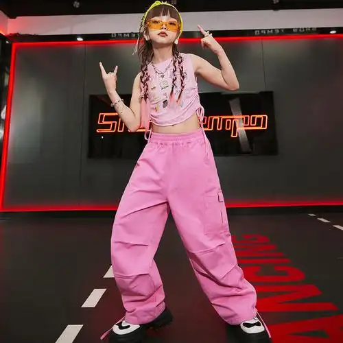 儿童爵士舞服粉色套装女童街舞潮服hiphop演出服嘻哈jazz千禧辣妹