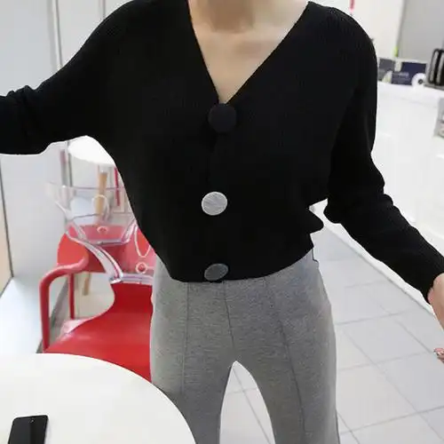 现货韩国女装2016秋短款v领配色大纽扣针织开衫di