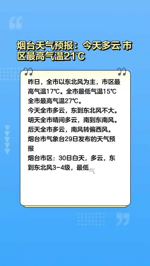 烟台天气预报今天多云市区最高气温21