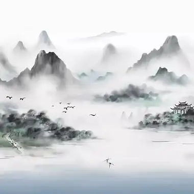 古风水彩水墨山水画中国风风景壁纸飞鸟古典山水画祥云国潮山水云雾