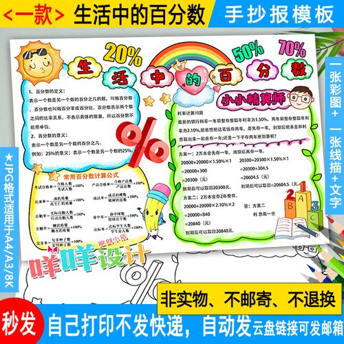 生活中的百分数手抄报黑白线描涂色空白六年级数学小报a4a38k模板