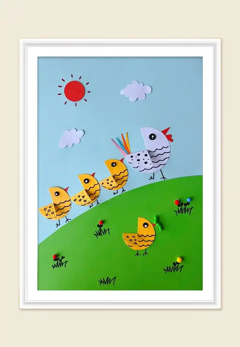 觅食的小鸡创意拼贴画