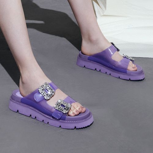 【光脚 穿袜百搭神器】莓果之夏水钻舒适厚底一字凉拖女拖鞋