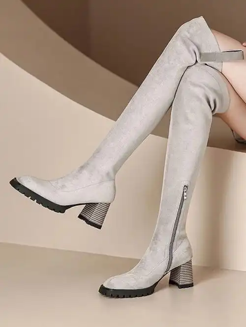 偶买噶高级灰粗跟过膝靴秒变腿精本精