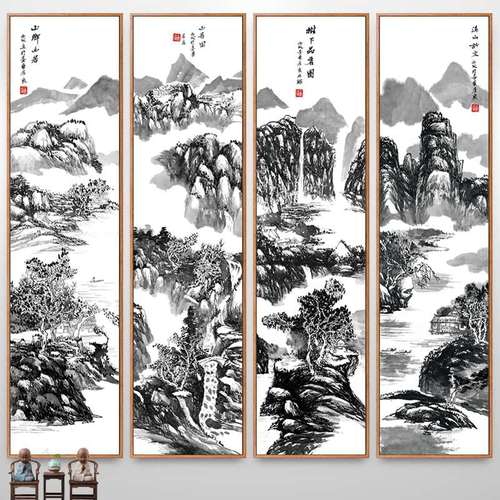 国画黑白山水画新中式装饰画客厅四联画四条屏挂画水墨画中国风