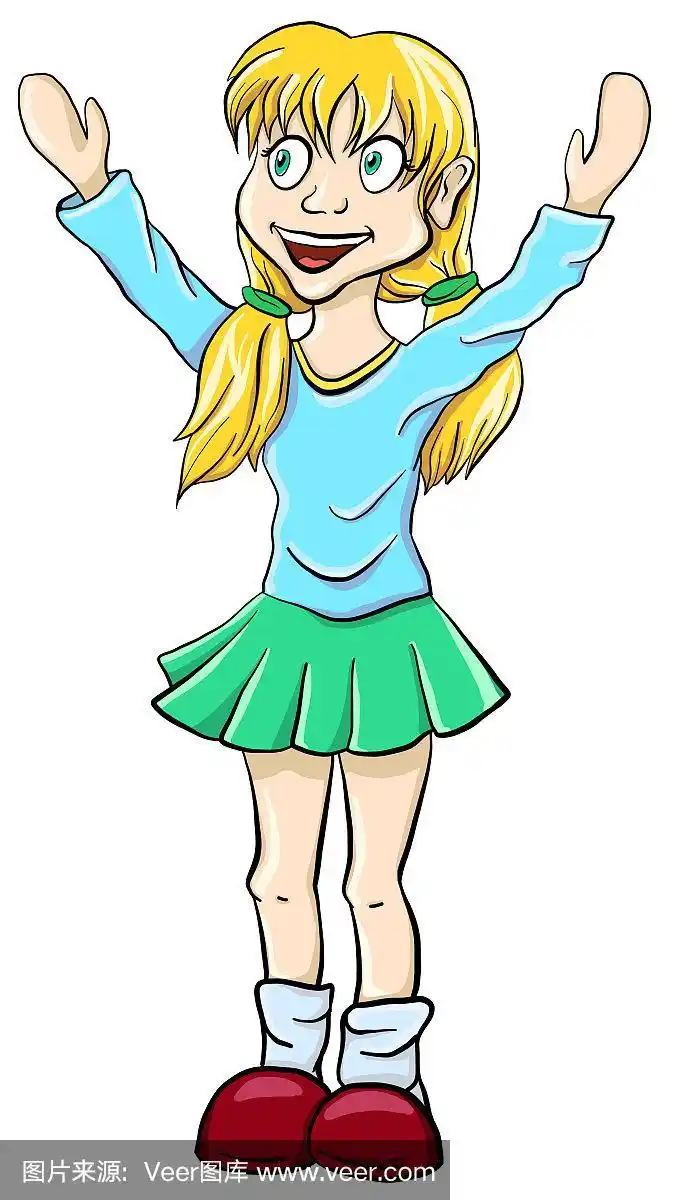 角色女孩举起双手微笑.卡通快乐开朗的金发女孩