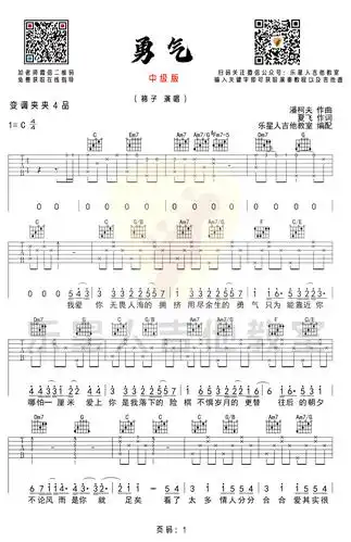 棉子《勇气》吉他谱_c调完美版_弹唱六线谱