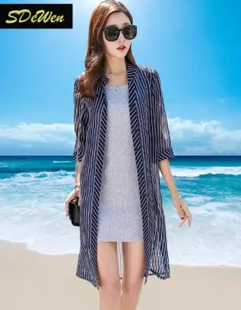 款薄开衫外套雪纺防晒衫沙滩海边度假薄纱沙料外披8833蓝细条纹腰带l